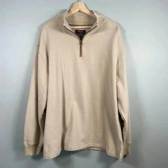 Woolly Dry Goods Beige Quarter Zip Sweatshirt Men's Size XL Tan Elbow Patch - Picture 1 of 6